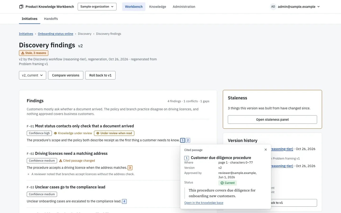 A citation opened on a discovery finding: the cited passage with its document, location, approver, and excerpt, and a link to open the document there.