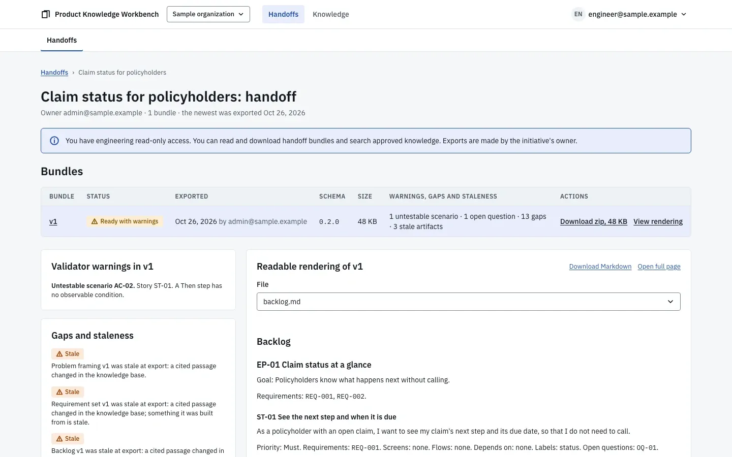 The handoff page as an engineering reader sees it: the exported bundles with schema version, size, warnings, and the gap and staleness summary, with no controls to change anything.