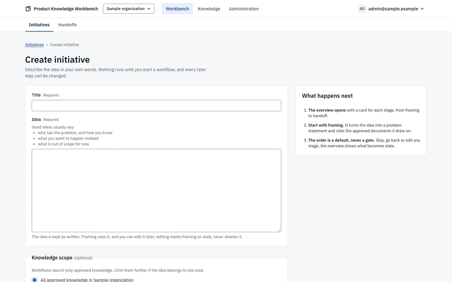 Create initiative: a title, the idea text with guidance on what to include, an optional knowledge scope, and a design system choice.