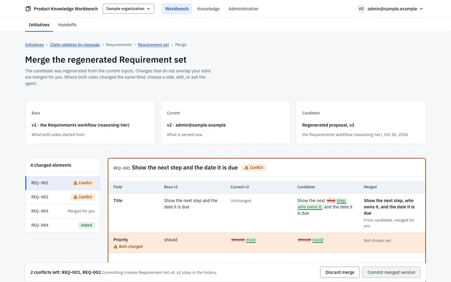The merge view: base, current, and candidate versions side by side, with the conflicting requirements listed for a decision.