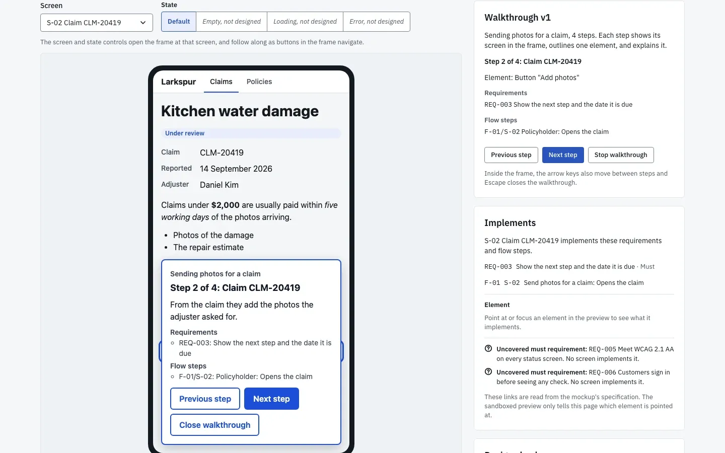 A clickable mockup in the sandbox with its walkthrough playing: the step's element is highlighted on the screen, with the step's note and the requirement it shows.