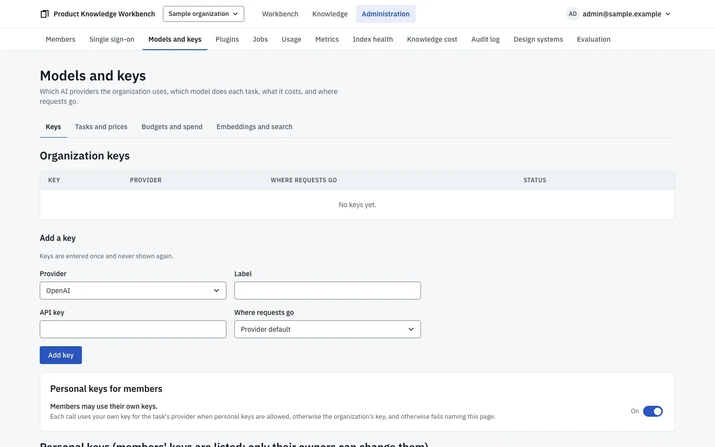 Models and keys: organization keys per provider with where their requests go, whether members may use personal keys, and the model for each task.