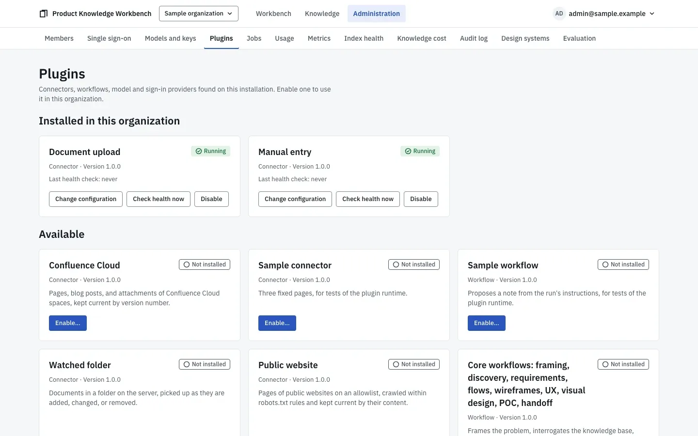 The plugin catalog: connectors and workflows with their versions, compatibility, installation, and health.