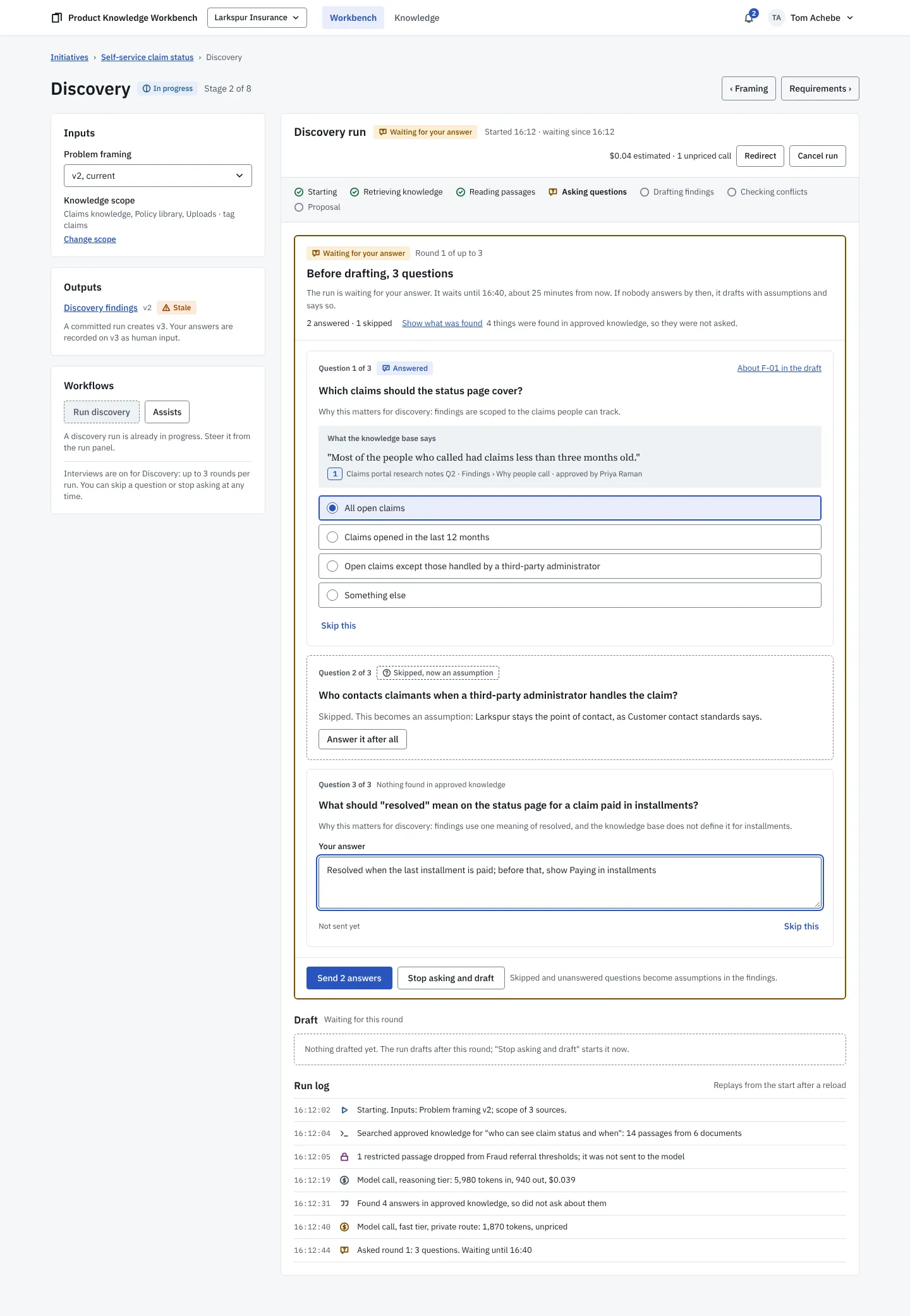 A question round in a stage's run panel before it drafts: three questions, one answered by choosing an option beside the passage the knowledge base already holds, one skipped and shown as an assumption, and one waiting for a free-text answer, with the time the run waits until and the actions to send the answers or stop asking and draft.