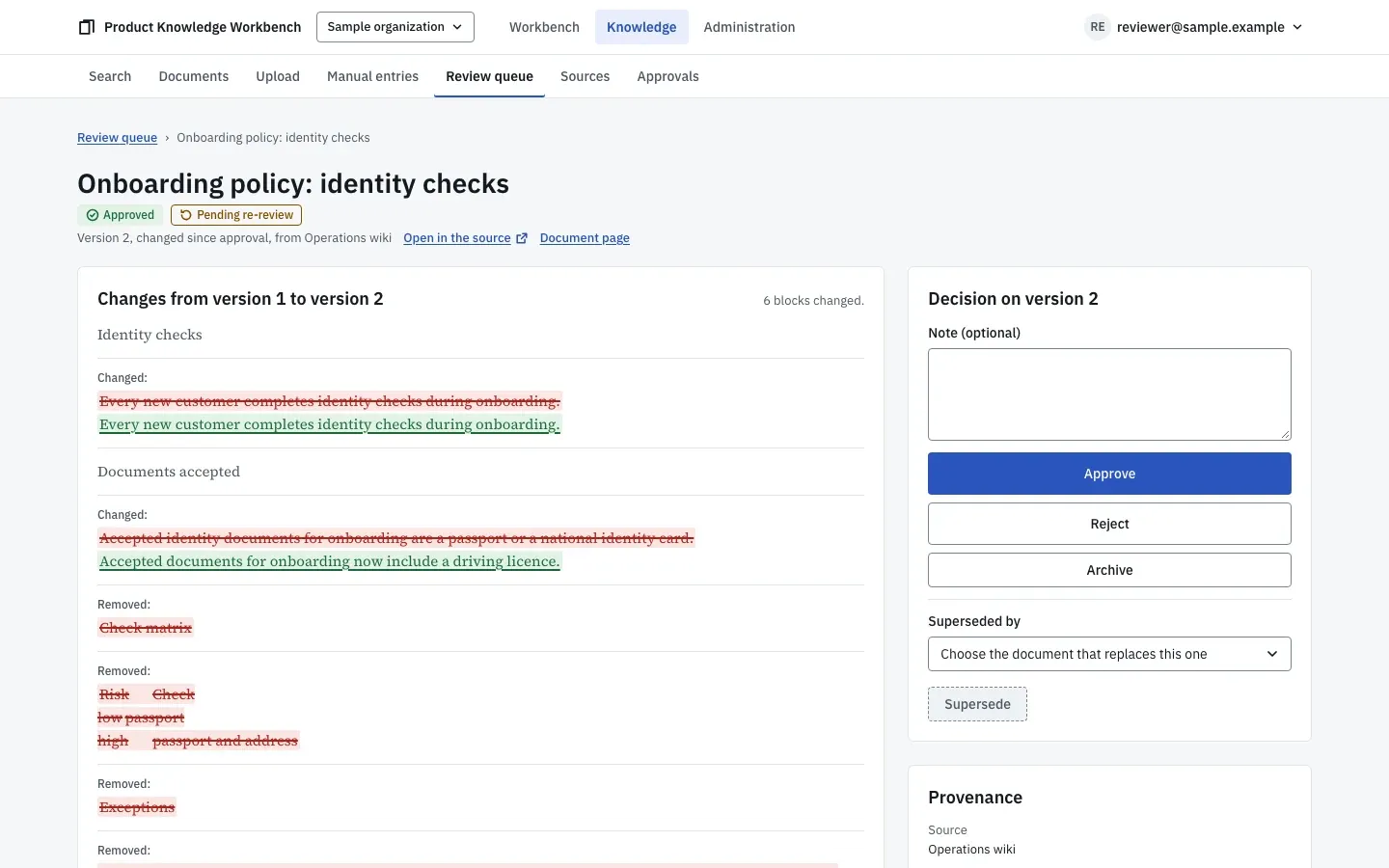 A review item for a document in re-review: the changed blocks against the version still in use, with approve and reject.
