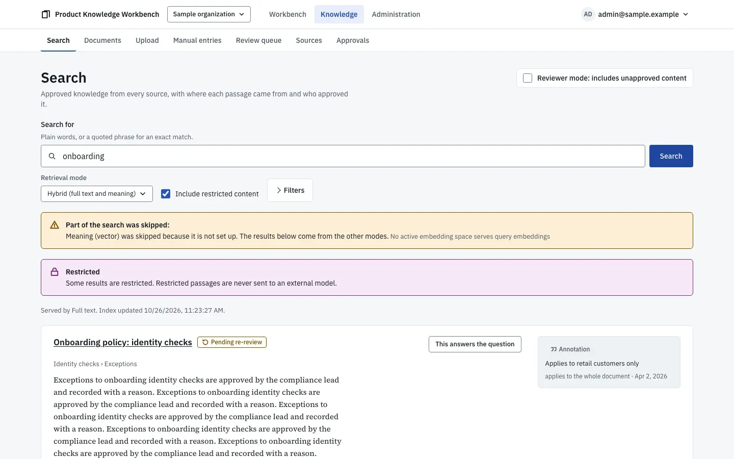 Search results from approved knowledge, each passage with its document, location, approver, and source.
